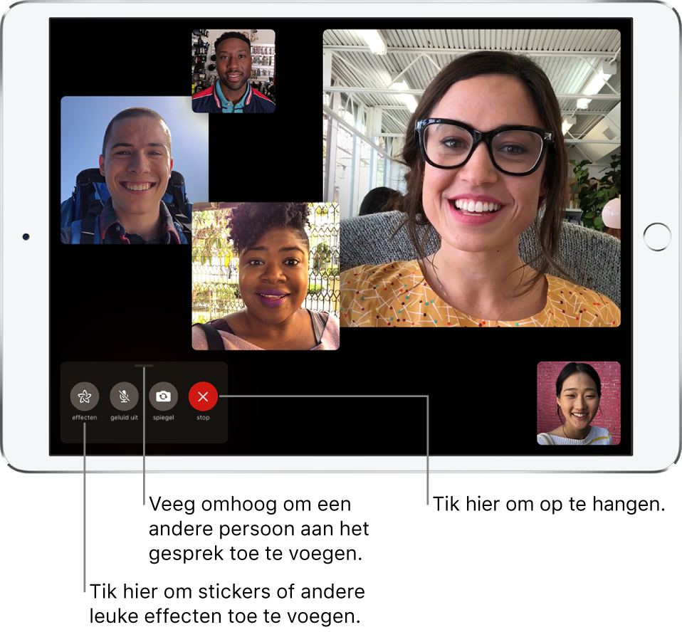 Een groepsgesprek in FaceTime met vijf deelnemers, waaronder de persoon die het gesprek heeft gestart. Elke deelnemer verschijnt in een aparte tegel, waarbij de grootte van de tegel aangeeft hoe actief de deelnemer is.