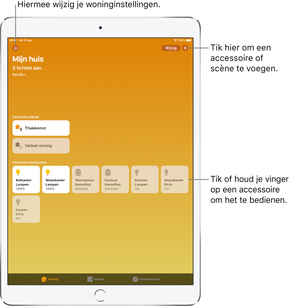 Het tabblad 'Woning'. Bovenaan wordt een overzicht van de status van de woning weergegeven. Daaronder bevinden zich de scènes en accessoires die als favoriet zijn gemarkeerd. Onderaan staan de tabbladen 'Kamers' en 'Automatisering'.