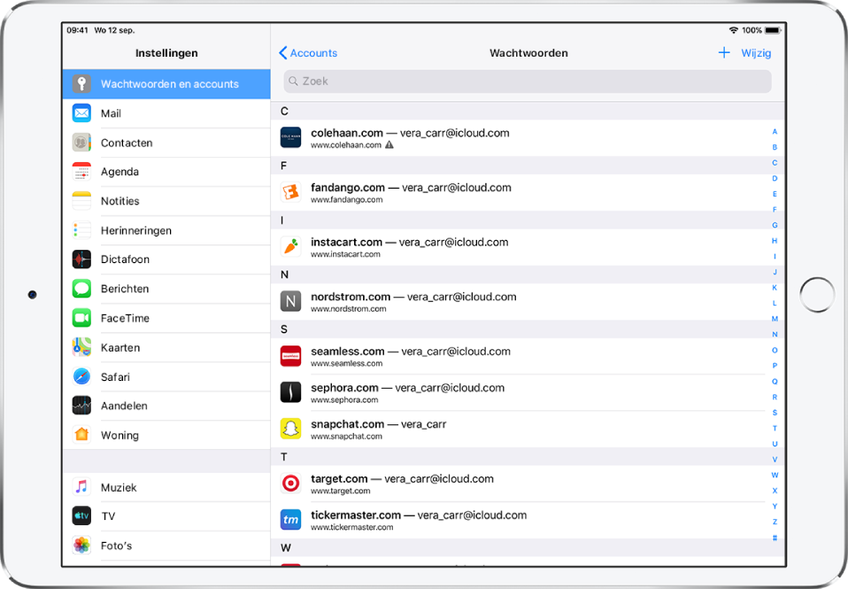 Een wachtwoordscherm met een alfabetische lijst met websites en de gebruikersnamen daarvoor. Bij de eerste website wordt naast de URL aangegeven dat het wachtwoord ook al voor een andere website wordt gebruikt.
