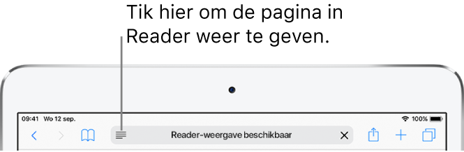 De Safari-knoppenbalk met de Reader-knop helemaal links in het adresveld.