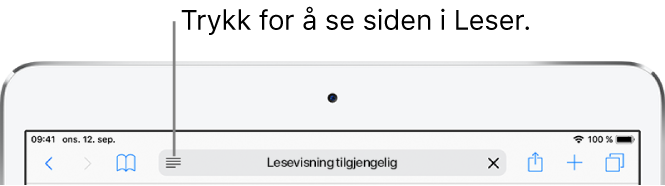 Safari-verktøylinjen med Leser-knappen på venstre side av adressefeltet.