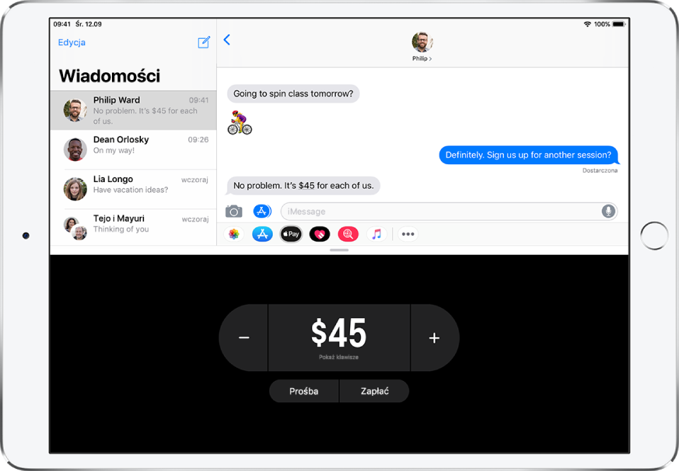 Rozmowa iMessage z aplikacją Apple Pay otwartą na dole.