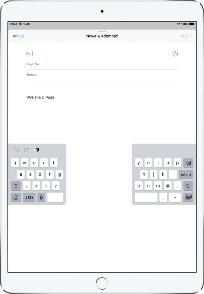 Oddokowana podzielona klawiatura wyświetlana na środku ekranu iPada.