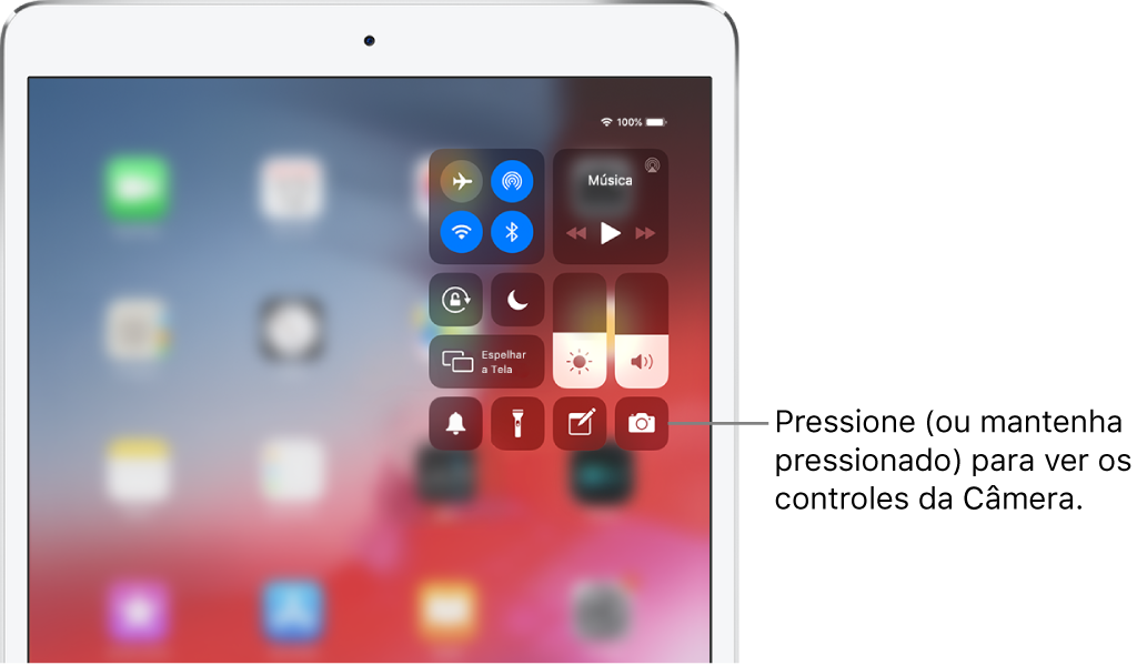 Controles do modo avião, dados celulares, Wi‑Fi e Bluetooth no grupo superior esquerdo da Central de Controle em modelos Wi-Fi + Cellular. Uma chamada para o controle da Câmera diz para manter a Câmera pressionada para ver mais opções da Câmera.