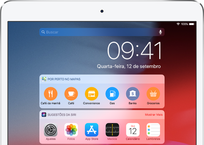 Visualização para Hoje mostrando os widgets Sugestões da Siri, Calendário, Mapas Por Perto, Música e Lembretes.