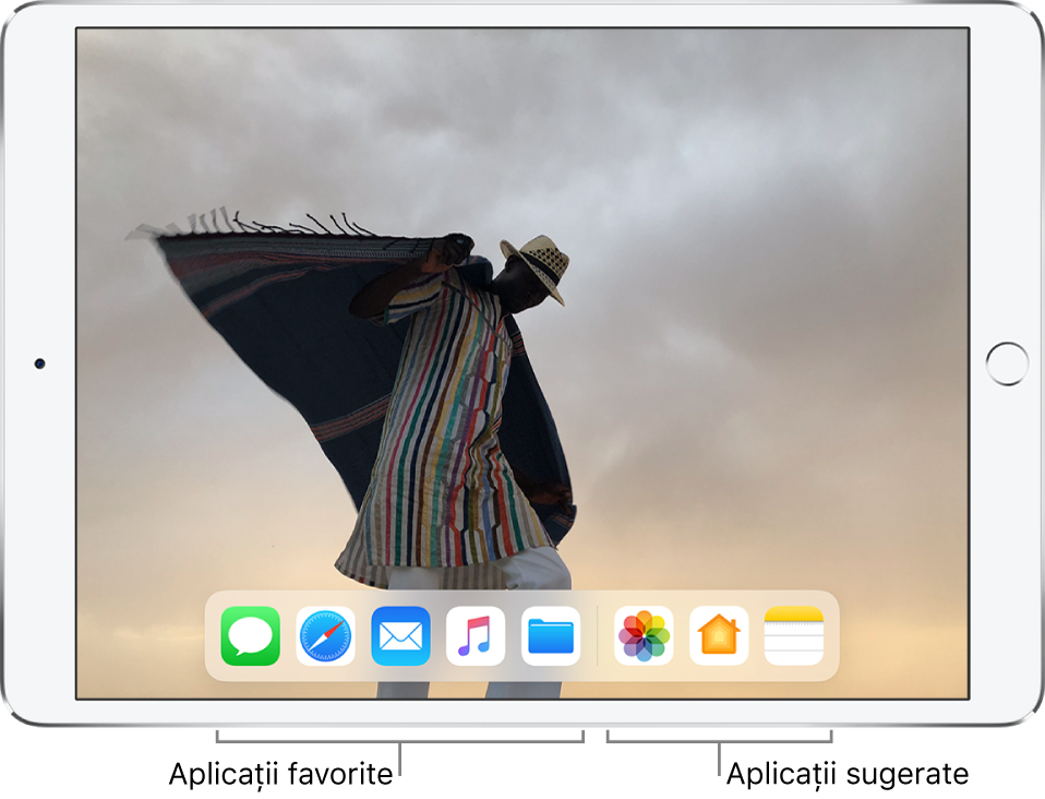 Dock-ul cu cinci aplicații favorite în stânga și trei aplicații sugerate în dreapta.