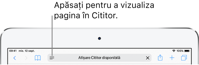 Bara de instrumente Safari, cu butonul Cititor în stânga câmpului de adresă.