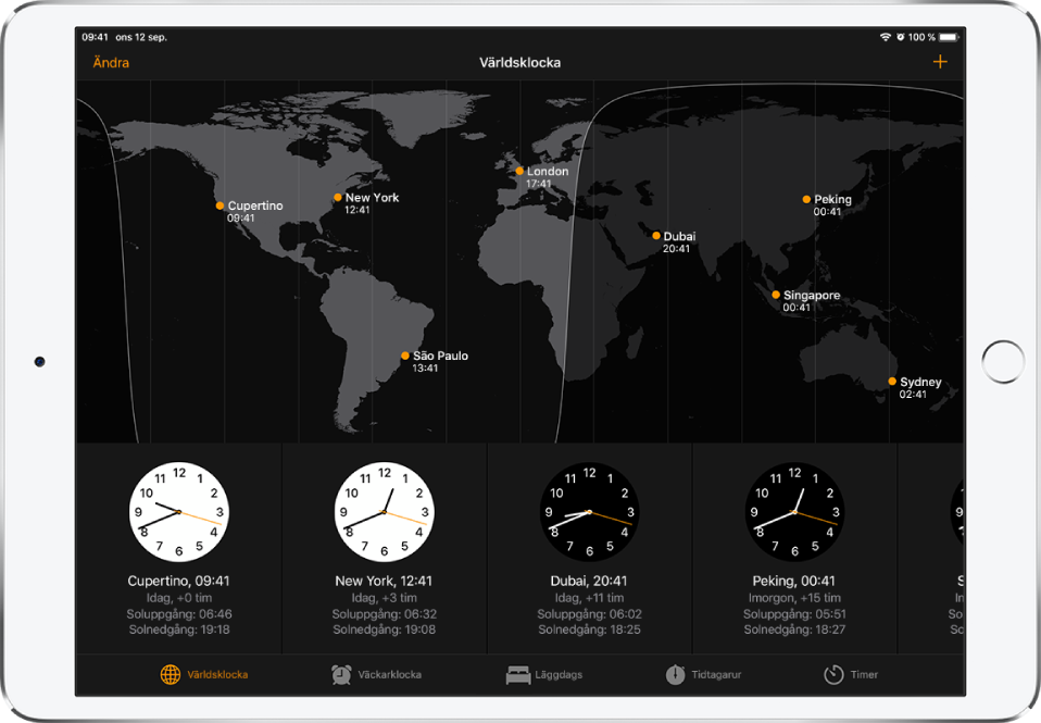 Fliken Världsklocka som visar tiden i olika städer. Tryck på Ändra högst upp till vänster om du vill ändra ordningen på klockorna. Lägg till fler klockor genom att trycka på lägg till-knappen högst upp till höger. Knapparna Väckarklocka, Läggdags, Tidtagarur och Timer finns längst ned.