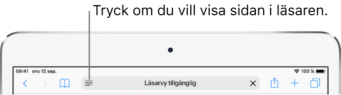 Verktygsfältet i Safari med läsarknappen på vänstra sidan av adressfältet.