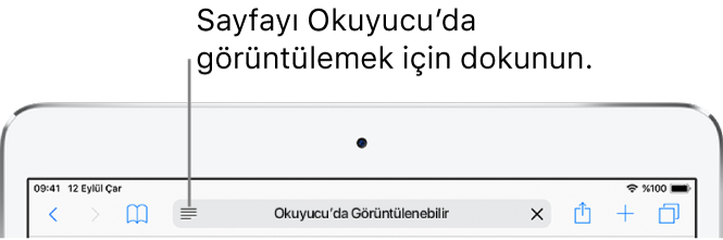 Adres alanının sol kenarında Okuyucu düğmesi ile birlikte Safari araç çubuğu.