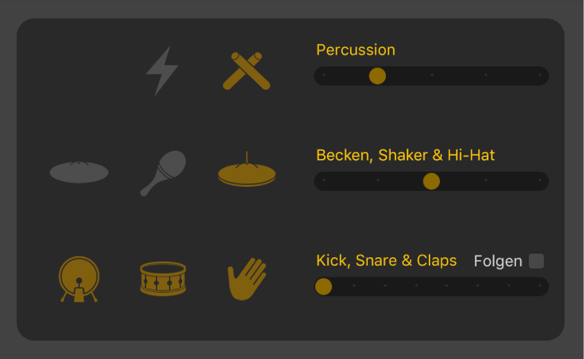 Abbildung. Im Drummer-Editor werden Steuerelemente für elektronische Pattern-Variationen angezeigt