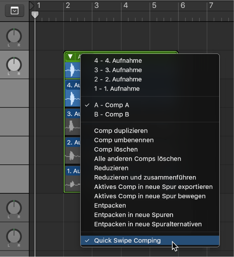 Abbildung. Auswählen von „Quick Swipe Comping“ im Einblendmenü