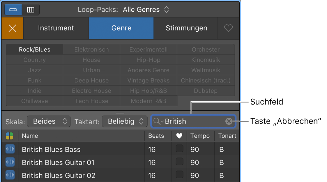 Suchfeld und Taste „Abbrechen“ im Loop-Browser