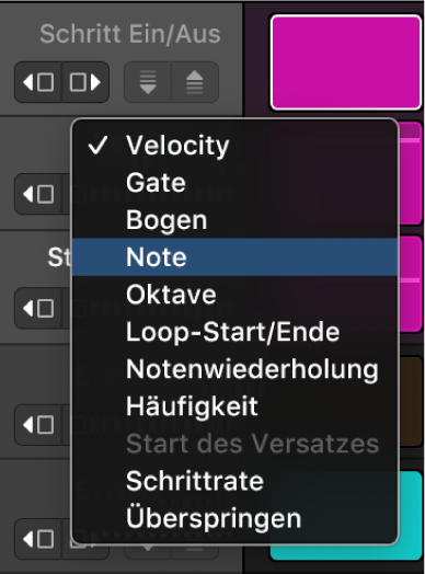 In einer Unterzeile geöffnetes Einblendmenü „Bearbeitungsmodus“ im Step Sequencer mit verschiedenen Bearbeitungsmodi