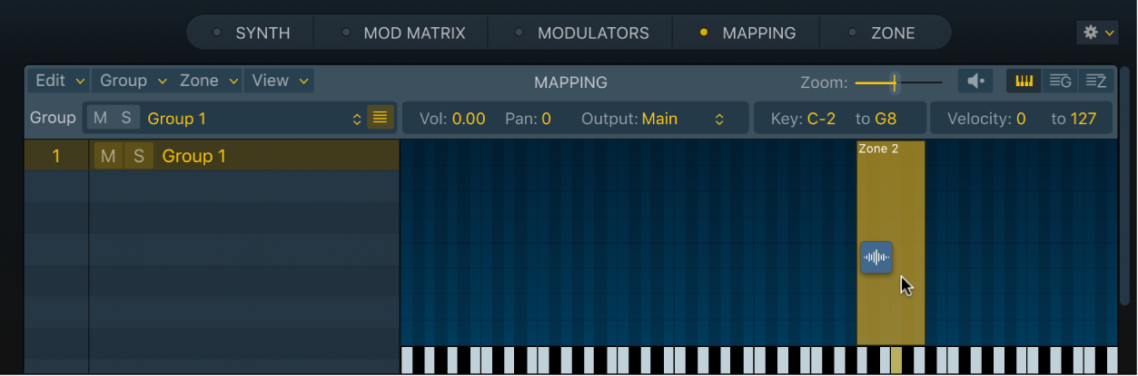 Abbildung. Keyboardansicht des Sampler-Bereichs „Mapping“ mit einer Audiodatei, die auf eine leere Zone bewegt wird.