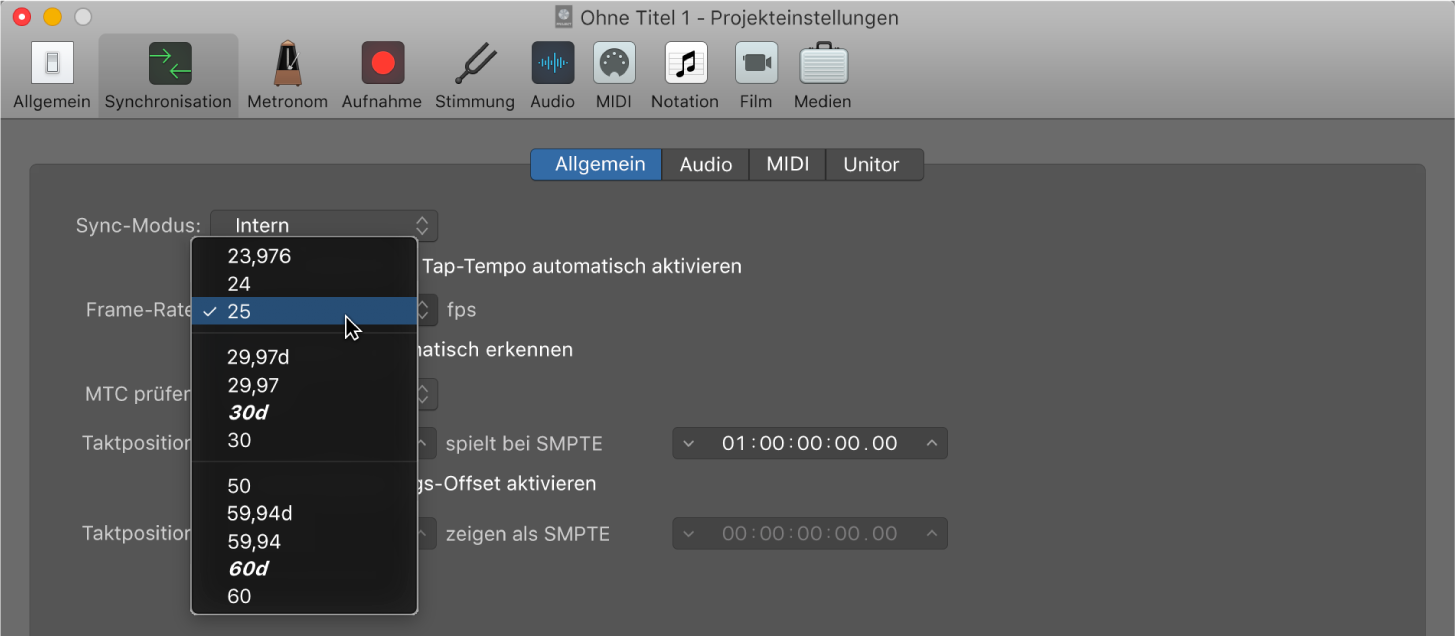 Abbildung. Projekteinstellungen zur Synchronisation mit Einblendmenü „Frame-Rate“