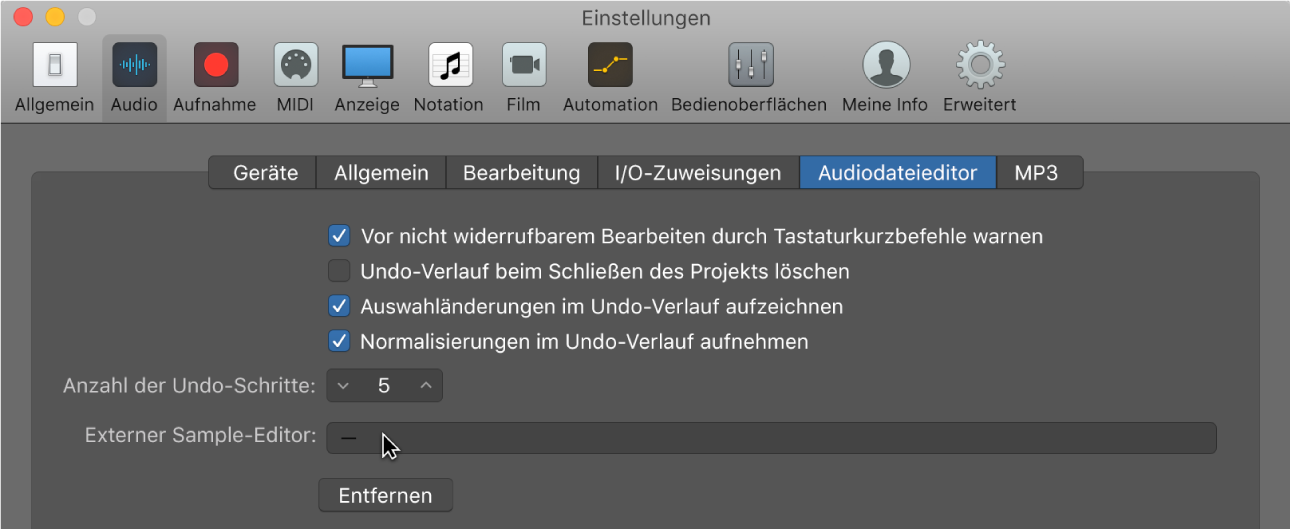 Abbildung. Bereich „Audiodateieditor“ in den Audioeinstellungen