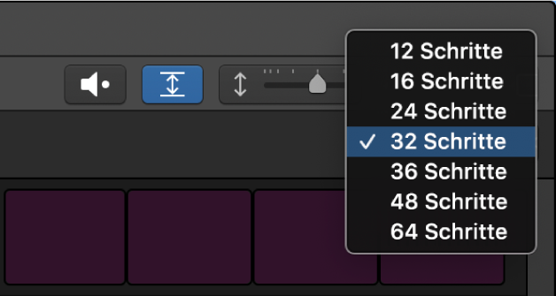 Geöffnetes Einblendmenü „Pattern-Länge“ mit Auswahlmöglichkeiten im Step Sequencer