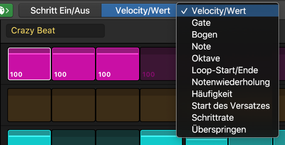 Auswahl für den Bearbeitungsmodus mit Auswahlmöglichkeiten im Step Sequencer