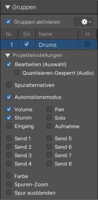 Abbildung. Menü „Gruppen“ zeigt, dass „Bearbeiten (Auswahl)“ und „Quantisieren-Gesperrt (Audio)“ ausgewählt sind