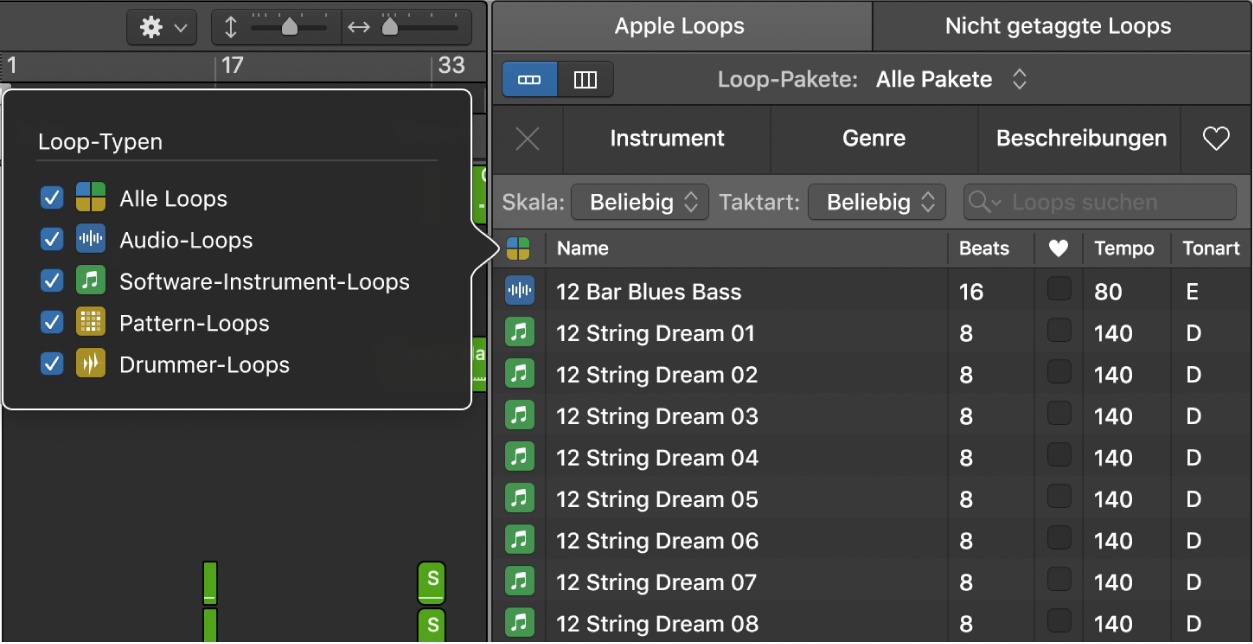 Menü „Loop-Typen“ über der Liste mit den Suchergebnissen