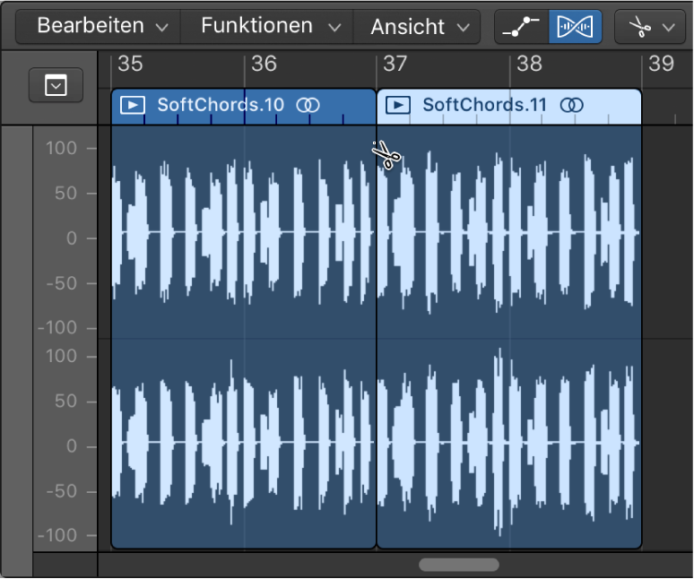 Abbildung. Teilen einer Audioregion im Audiospureditor mithilfe des Scherenwerkzeugs