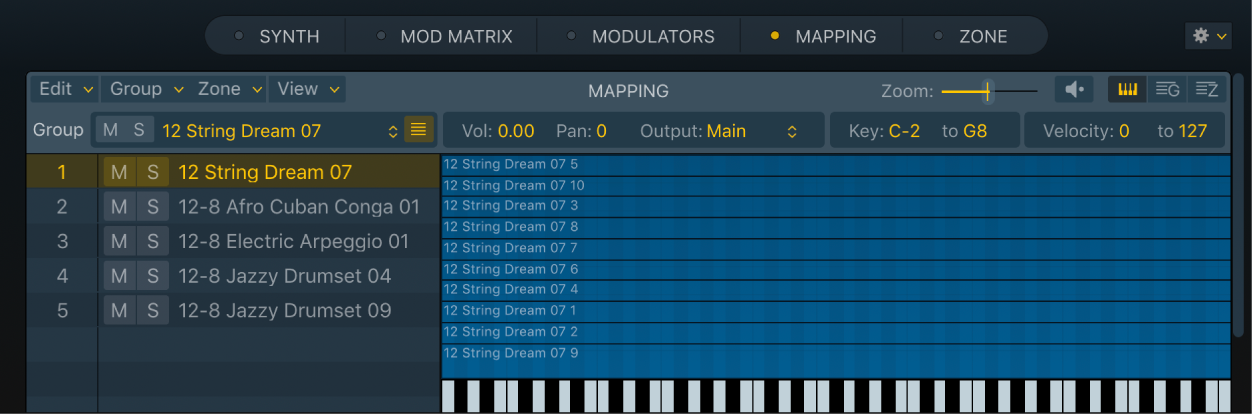 Abbildung. Keyboardansicht des Bereichs „Mapping“ mit mehreren Gruppen, die mittels Drag & Drop der Methode „Optimized – Zone per Note“ importiert wurden. Die ausgewählte Gruppe umfasst mehrere Audiodateien.