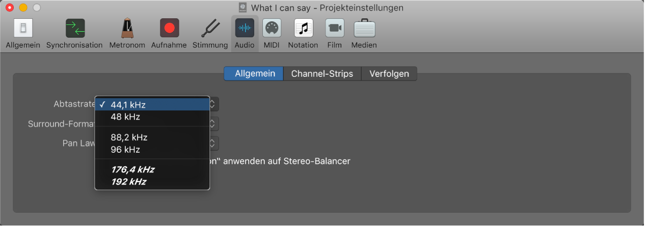Abbildung. Menü „Sample-Rate“ im Bereich „Audio“ der Projekteinstellungen