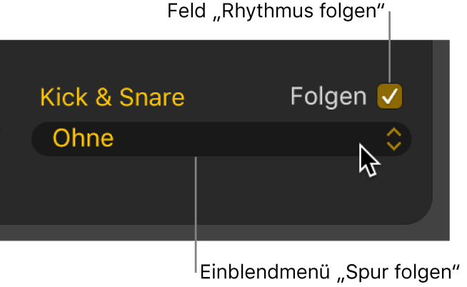 Abbildung. Markierungsfeld „Folgen“ und Einblendmenü „Spur folgen“ im Drummer-Editor