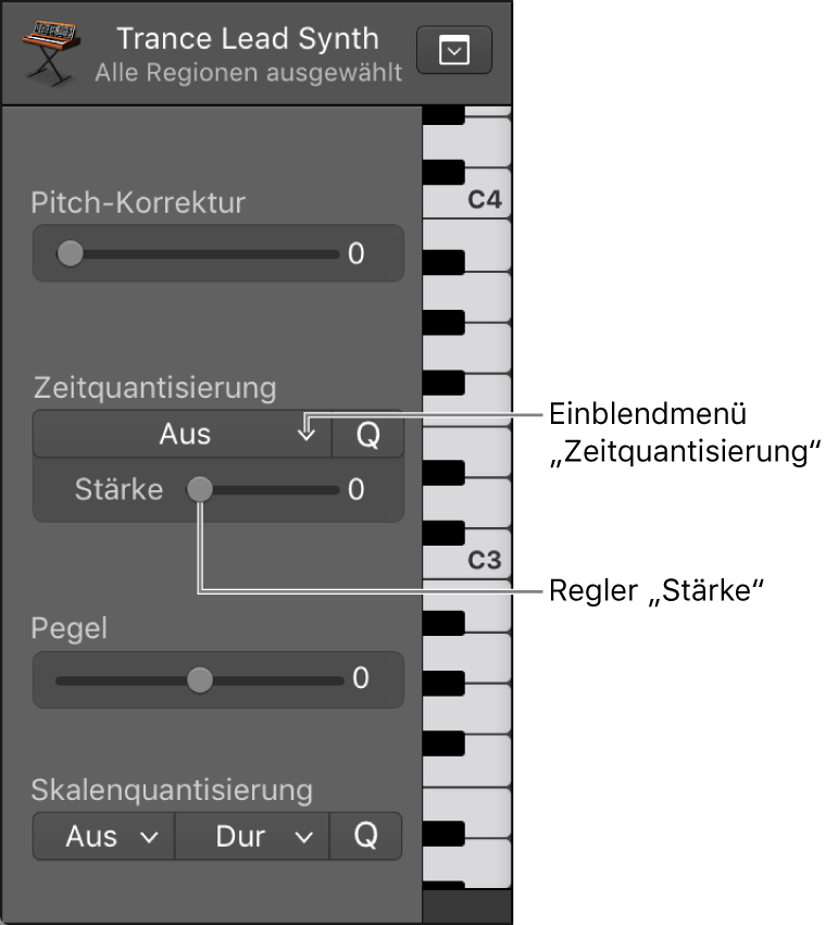 Abbildung. Einblendmenü „Zeitquantisierung“ und Schieberegler „Stärke“