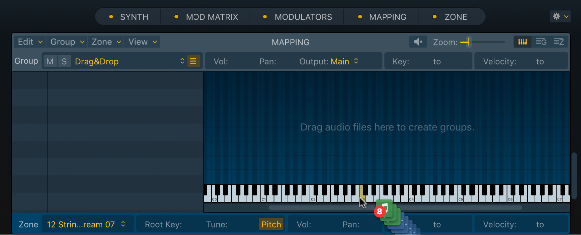 Abbildung. Keyboardansicht des Sampler-Bereichs „Mapping“ mit Audiodateien, die auf eine Taste bewegt werden.