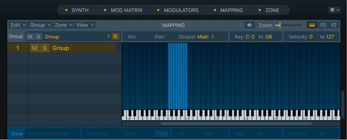 Abbildung. Keyboardansicht des Bereichs „Mapping“ mit den Zonen in einer von mehreren Gruppen, die mittels Drag & Drop und der Methode „Chromatic – Zone per file“ importiert wurden.