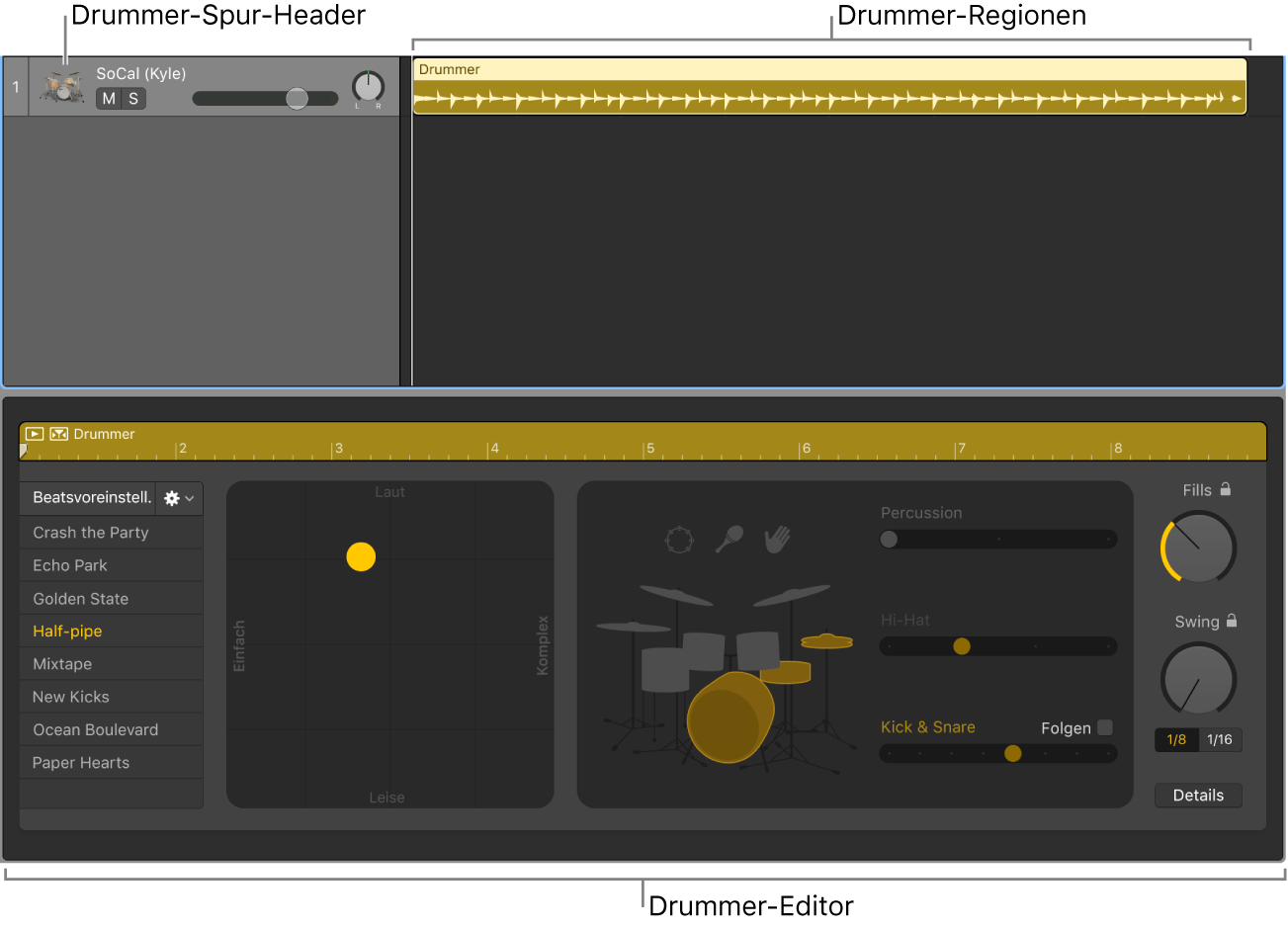 Abbildung. Zeigt eine Drummer-Spur mit Drummer-Regionen und den Drummer-Editor