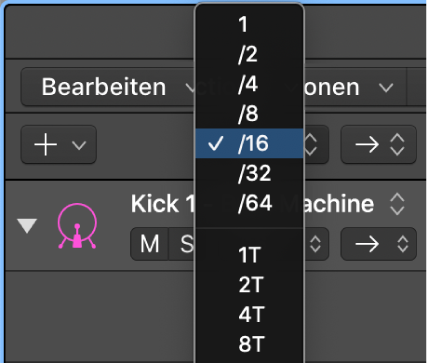 Geöffnetes Einblendmenü „Schrittrate“ mit Auswahlmöglichkeiten im Step Sequencer