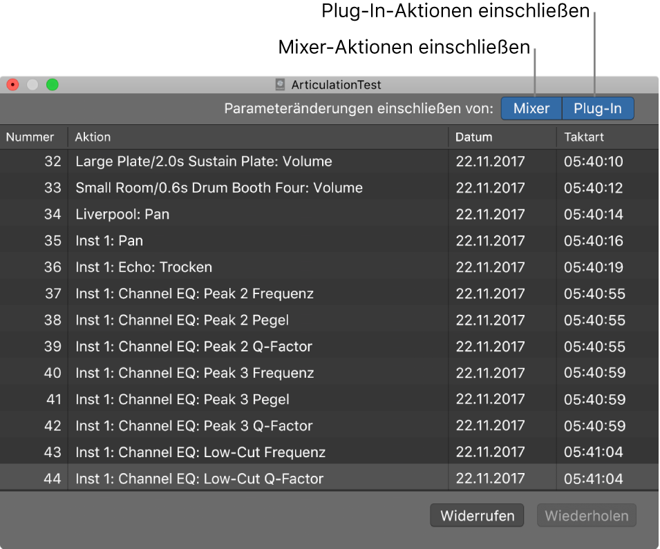 Abbildung. Undo-Verlauf mit aktivierten Tasten zum Einschließen von Mixer- und Plug-In-Aktionen