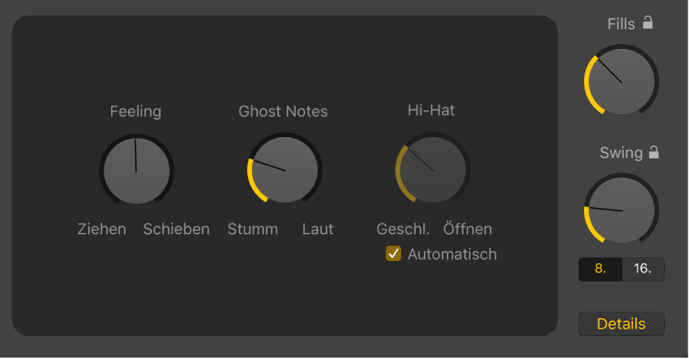 Abbildung. Feel-Drehregler, Ghost Note-Drehregler und Hi-Hat-Drehregler im Drummer-Editor