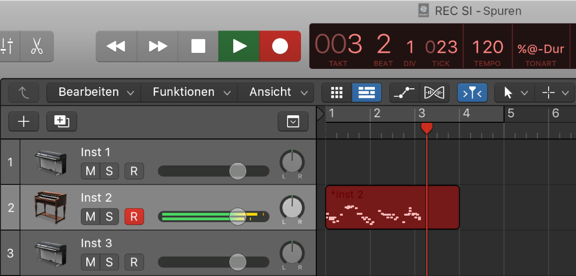 Abbildung. Anzeige einer aufgenommenen MIDI-Region in roter Farbe im Bereich „Spuren“
