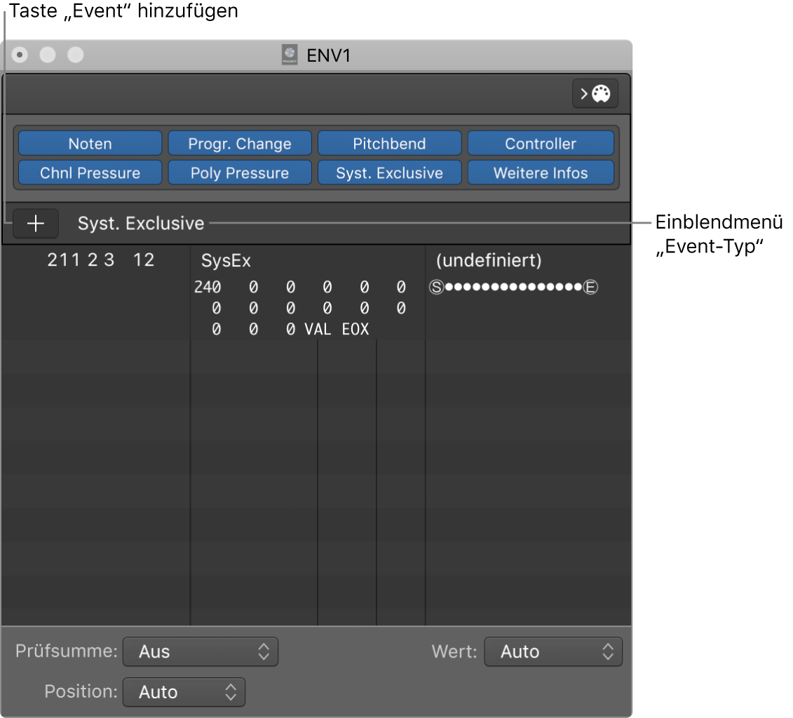 Abbildung. Fenster „SysEx Regler-Editor“