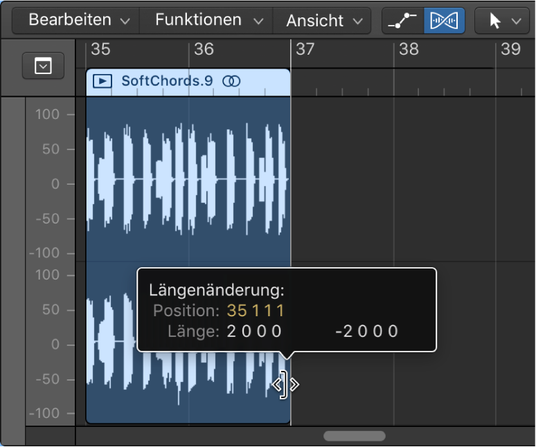 Abbildung. Trimmen einer Audioregion im Audiospureditor. Der Info-Text zeigt die Länge der Region an.