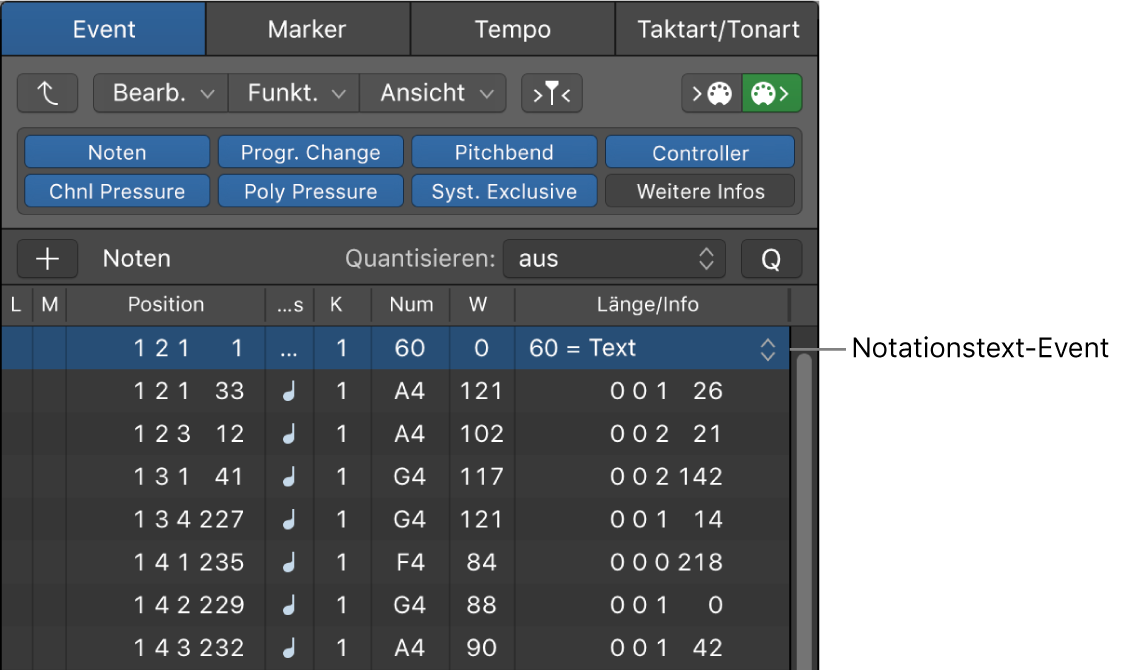Abbildung. Notentext-Events in der Event-Liste