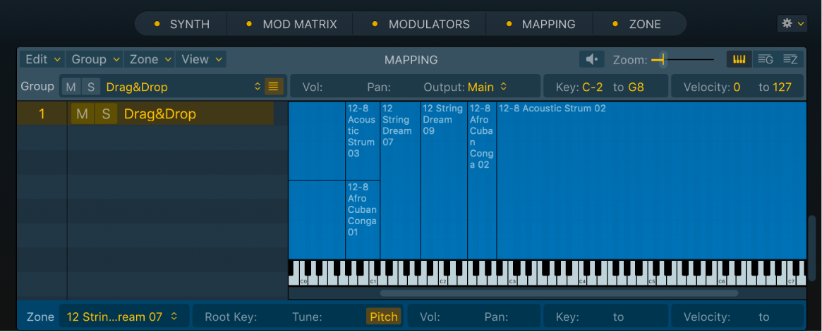 Abbildung. Keyboardansicht des Bereichs „Mapping“ mit einer Gruppe, die auf Basis einer einzelnen Audiodatei mittels Drag & Drop und der Methode „Optimized – Zone per Note“ importiert wurde.