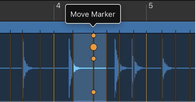 Figure. Smart Tempo Editor showing beat markers, with Move Marker handle selected.