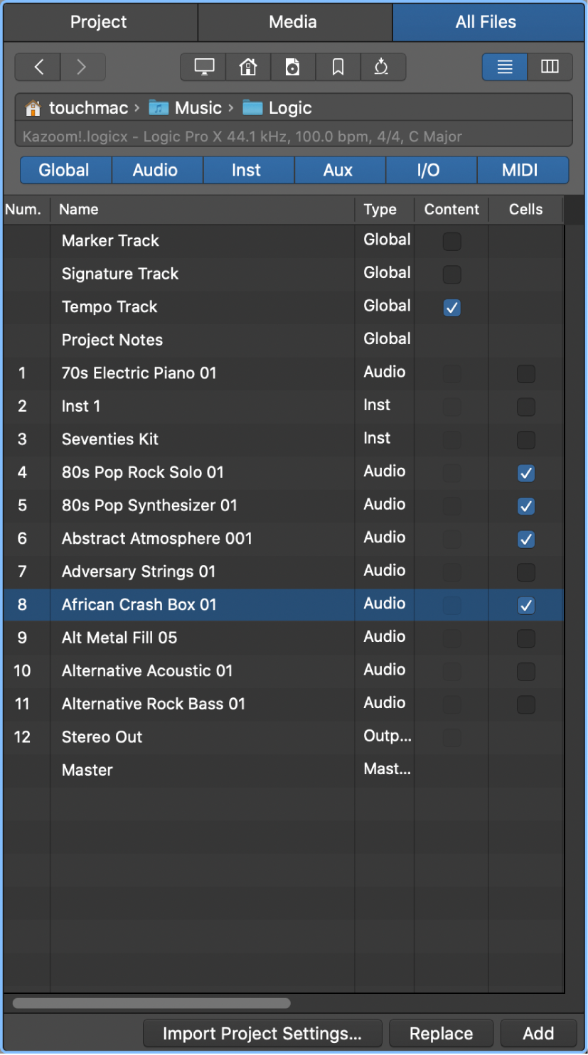 Figure. Track Import view in the All Files Browser.