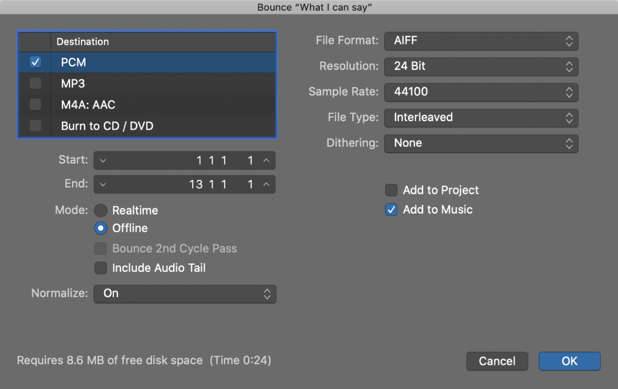 Figure. PCM options in the Bounce window.