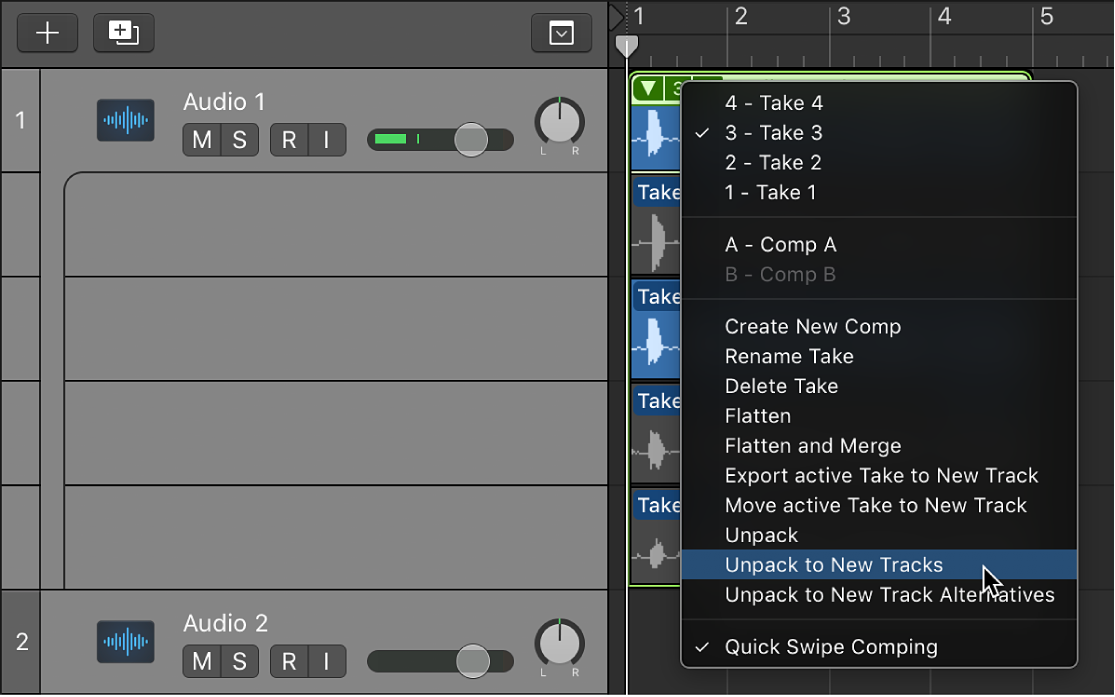 Figure. Choosing Unpack to New Tracks from the pop-up menu.