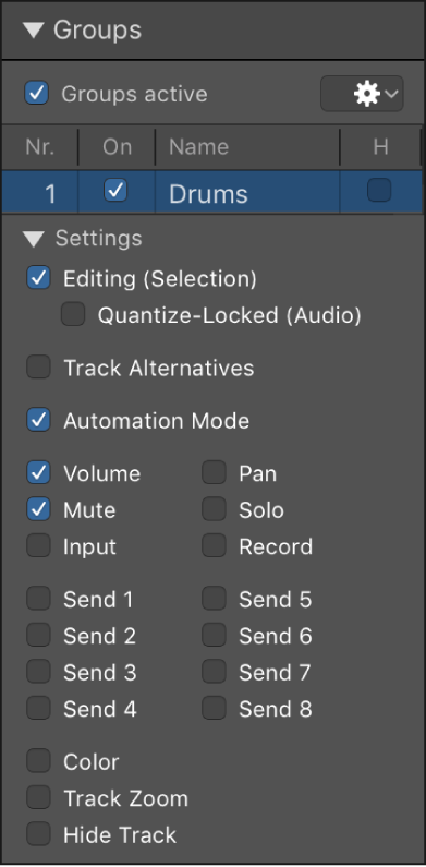 Figure. Groups menu showing Editing and Quantize-Locked (Audio) selected.