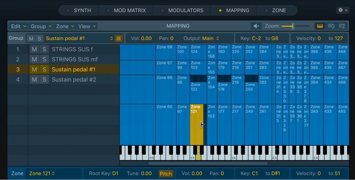 Figure. Mapping pane keyboard view, showing multiple zones in a selected group.