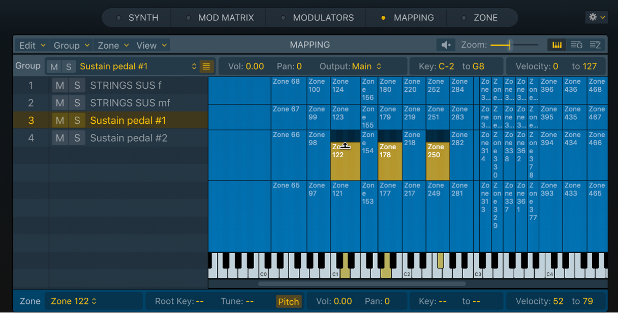 Figure. Mapping pane keyboard view, showing multiple selected zones in a group.