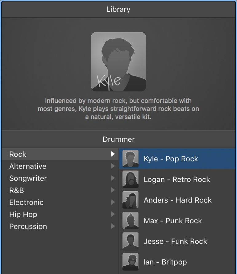 Figure. Library showing Drummer genres and available drummers.