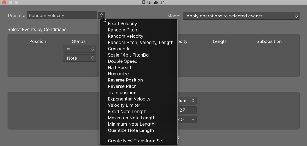 Figure. Transform window showing the Presets menu.